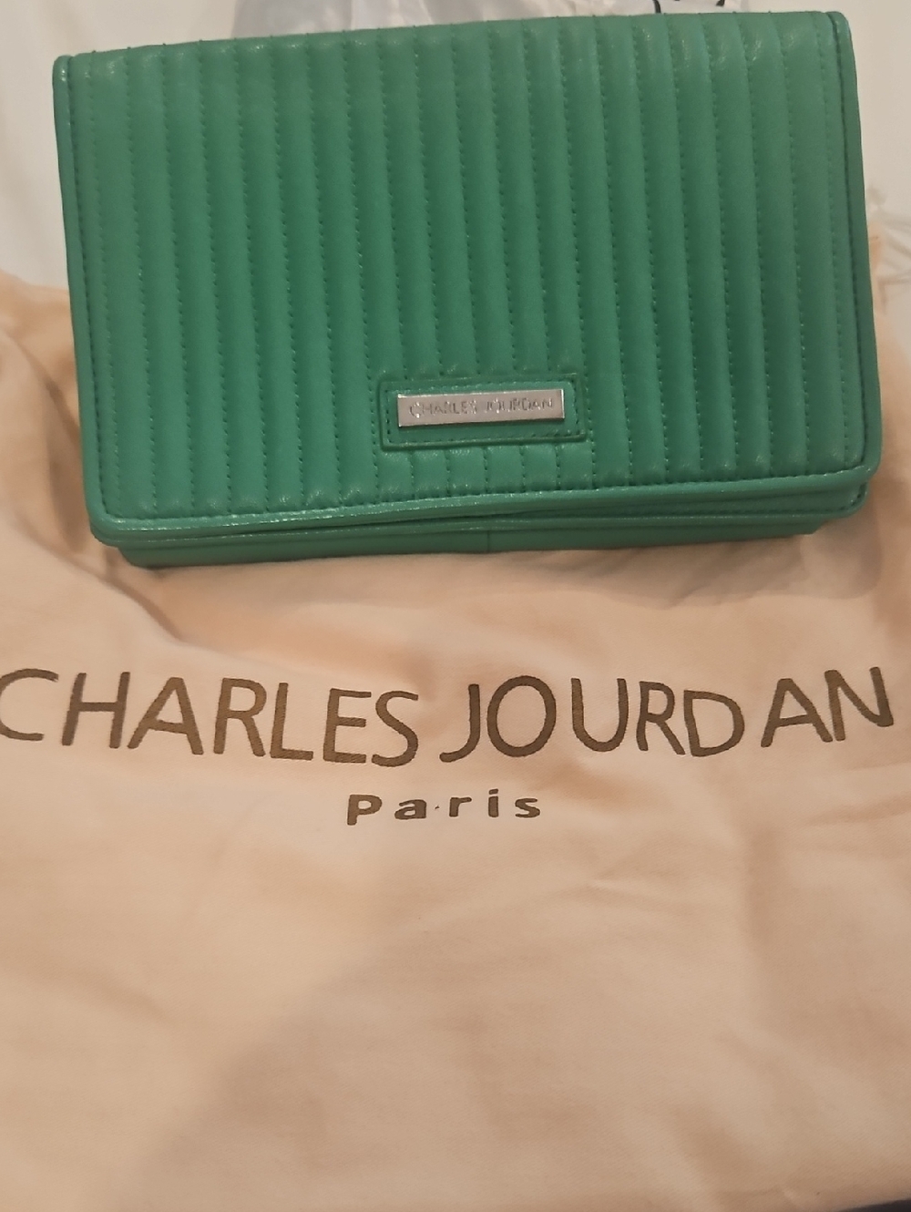Charles Jourdan Green Quilted Foldover Clutch
